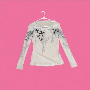 Amazon Gray Long Sleeve Blouse with Cross Design